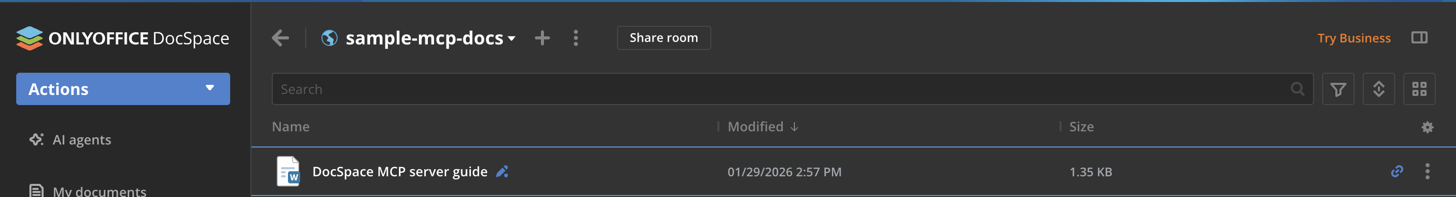 This image shows the new document visible inside the new room in DocSpace