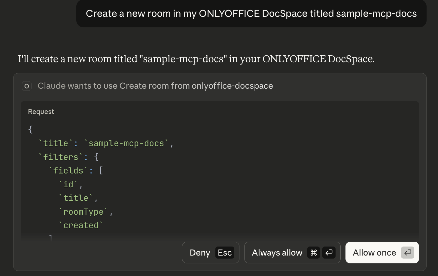 This image shows the command to create a room