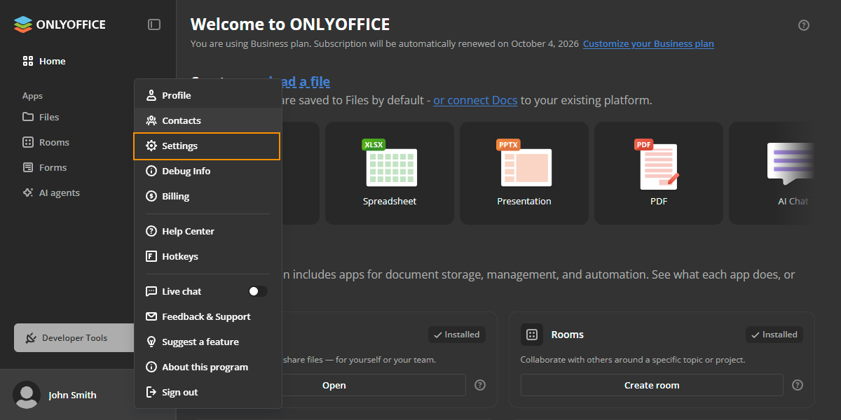 ONLYOFFICE Apps Settings