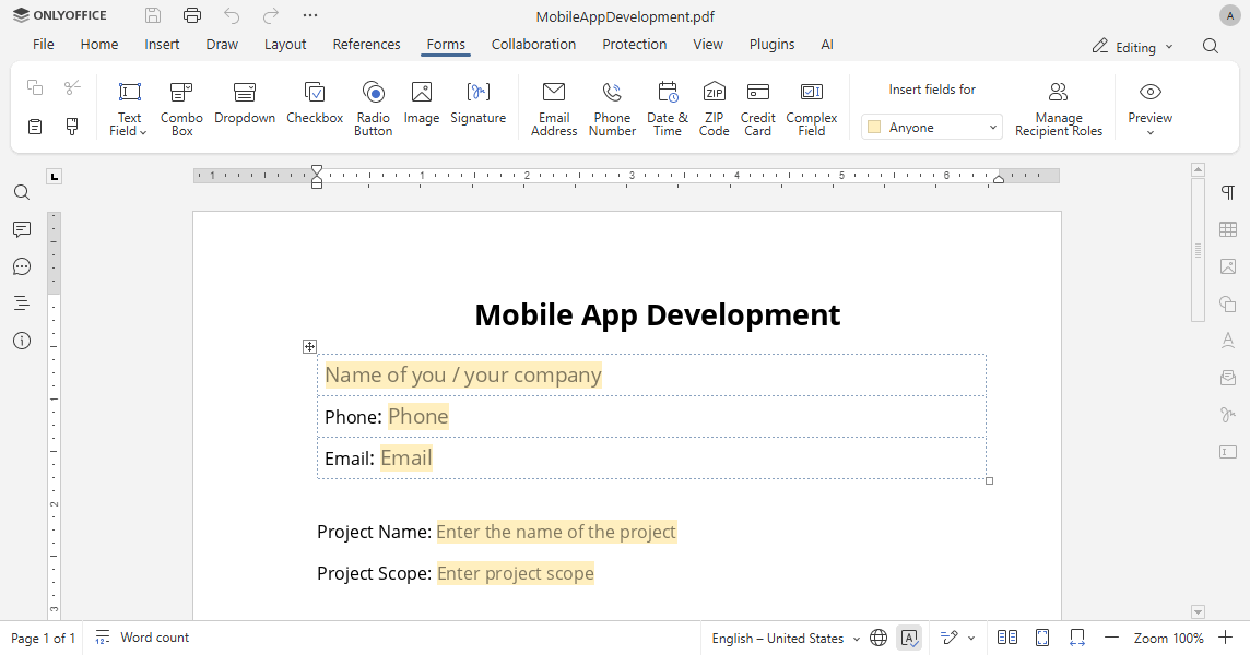 Embed pdf form for editing
