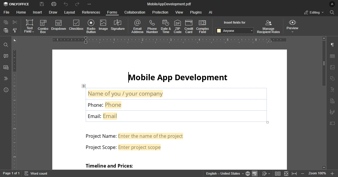 Embed pdf form for editing