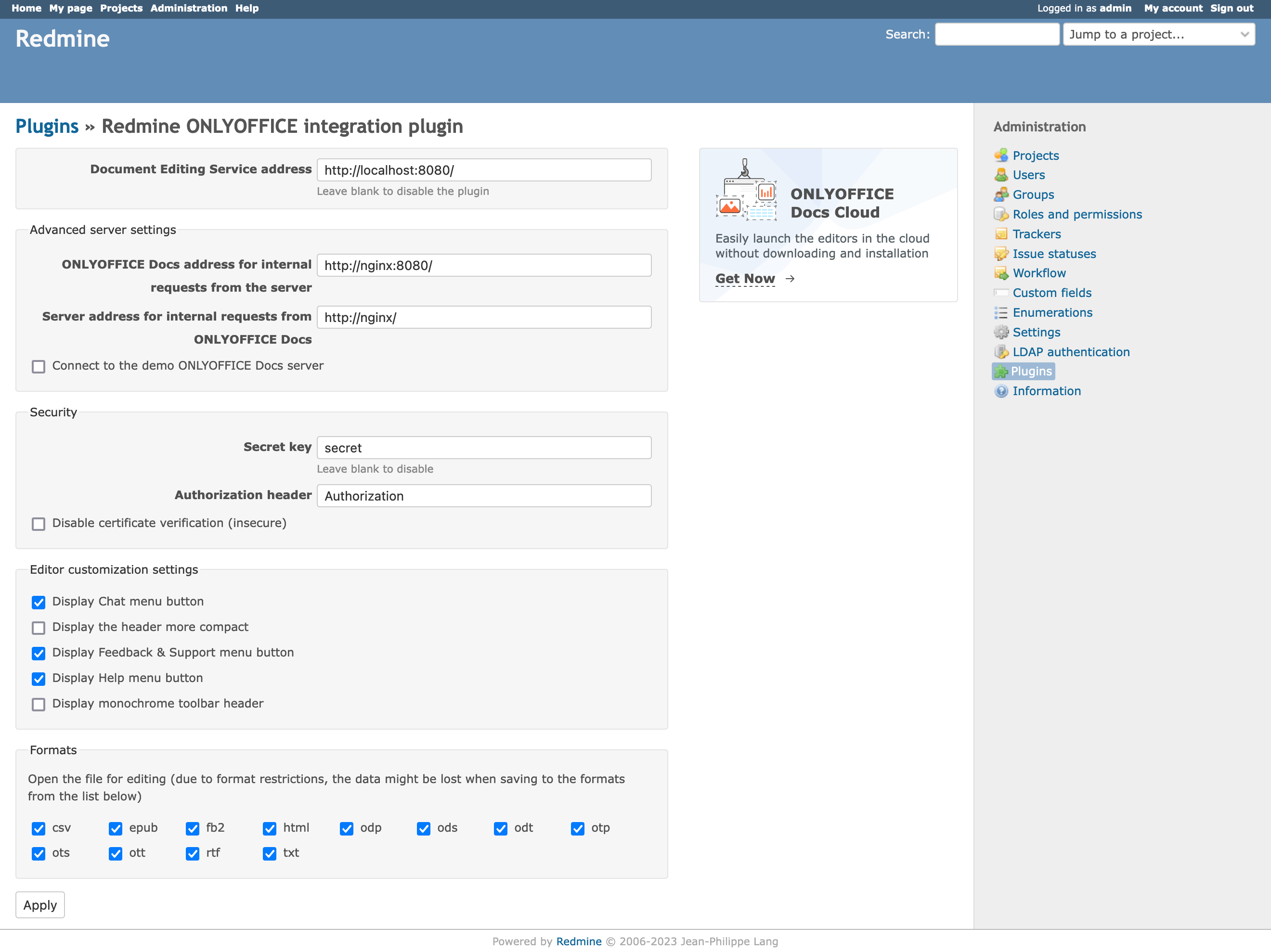 Redmine settings