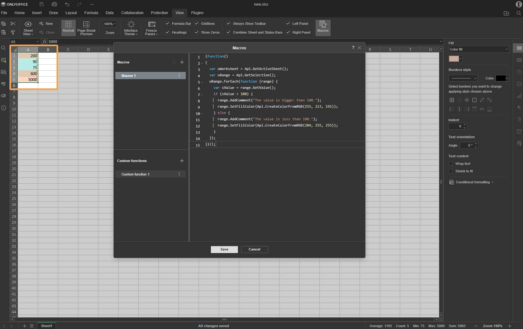 Add comments and change cell colors in spreadsheet