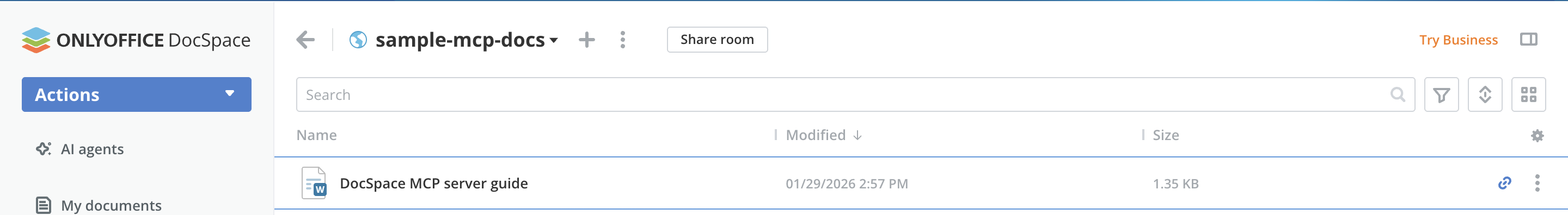 This image shows the new document visible inside the new room in DocSpace
