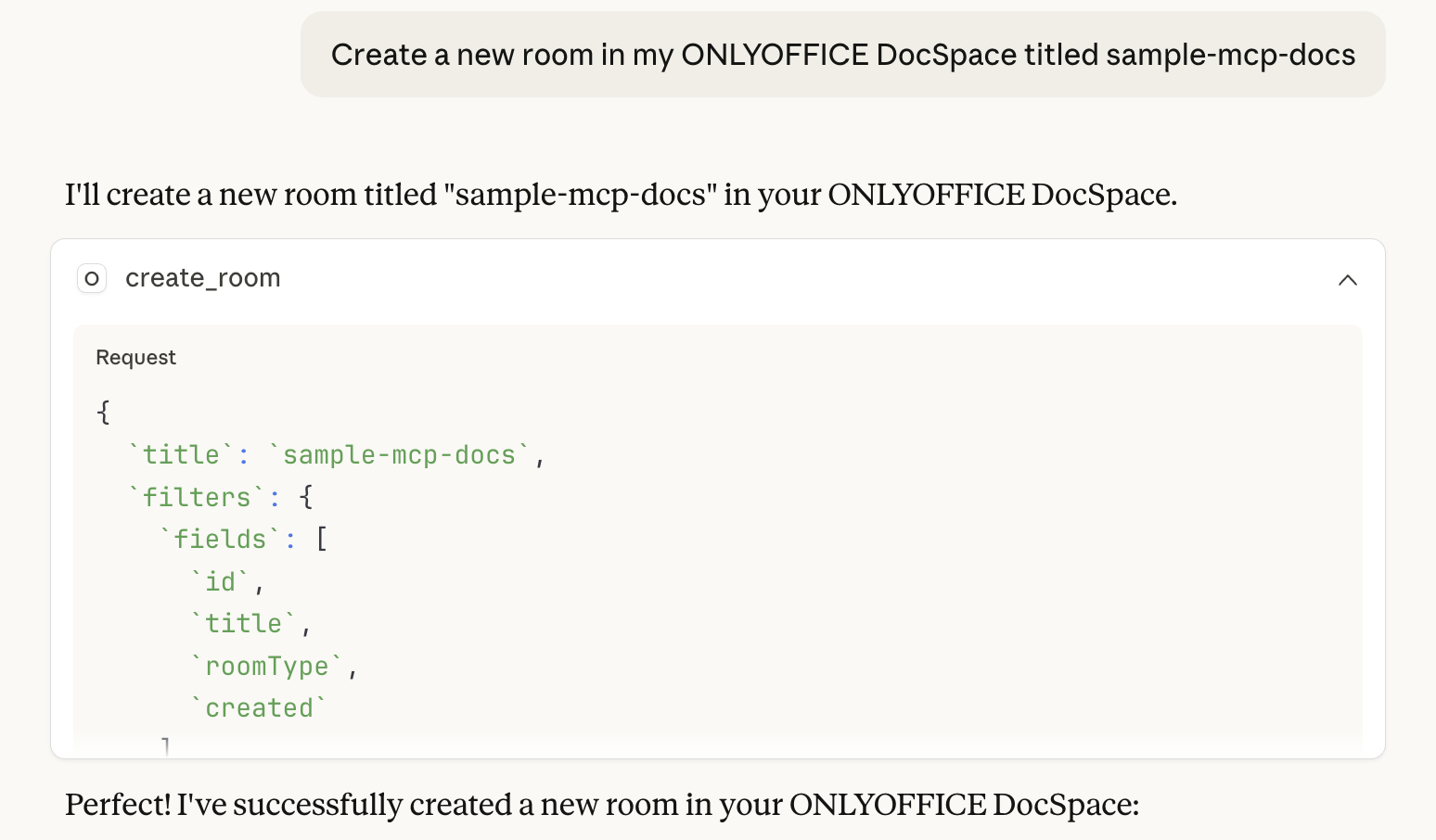 This image shows the command to create a room