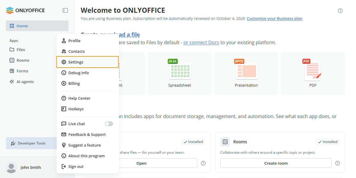 ONLYOFFICE Apps Settings